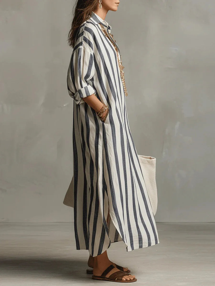 Women's Striped Linen Blend Long Shirt Dress | Relaxed V-Neck Casual