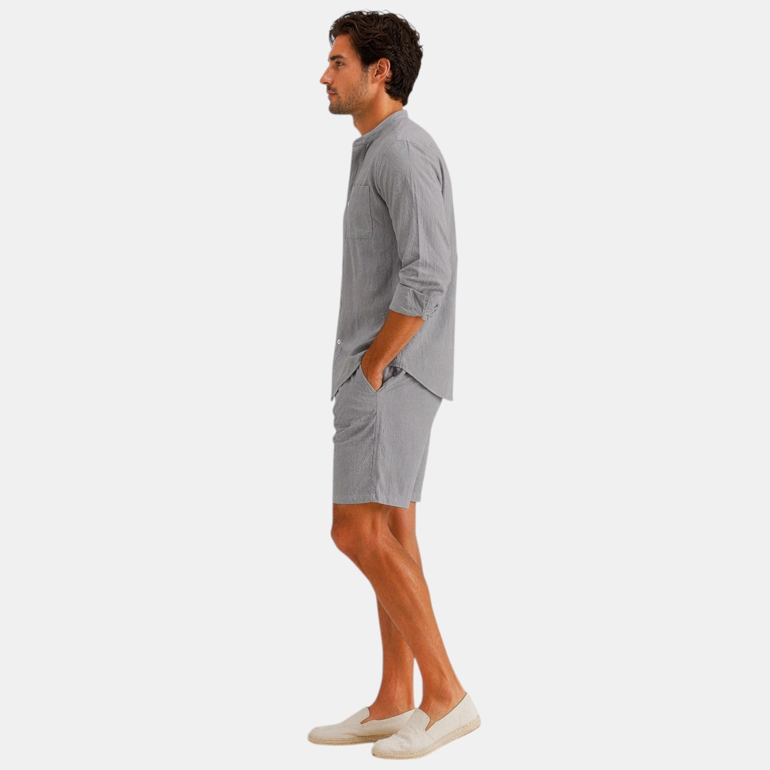 mens linen summer set | matching shirt and pants outfit - detail view