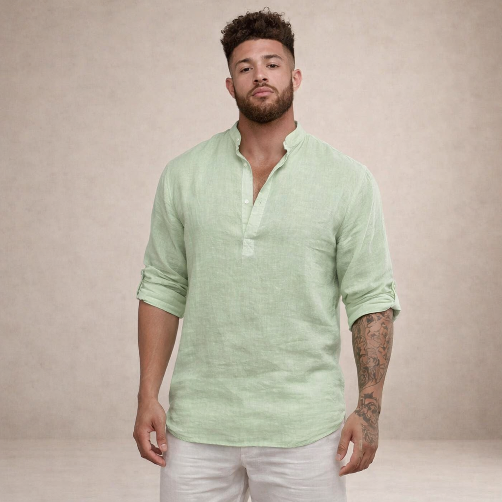 Men's Regular Fit Linen Shirt | Stand Collar Breathable Long Sleeve Top