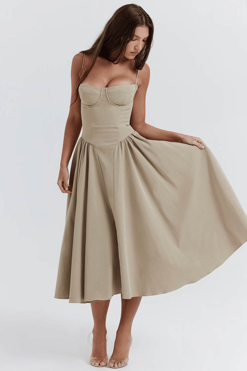 Women's Navy Sweetheart Neck Spaghetti Strap Corset Bodice Flared Midi Dress