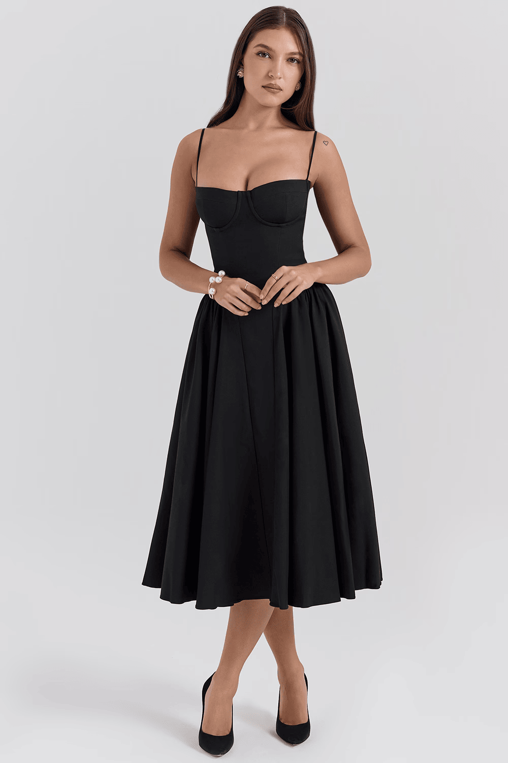 Women's Navy Sweetheart Neck Spaghetti Strap Corset Bodice Flared Midi Dress