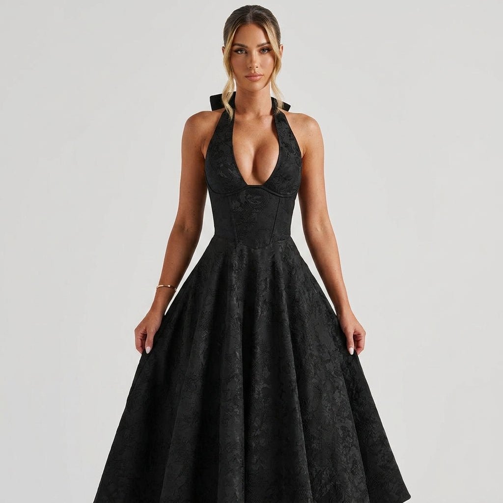 Women's Halter Neck Bow Deep V-Back Full A-Line Midi Dress Cocktail Formal