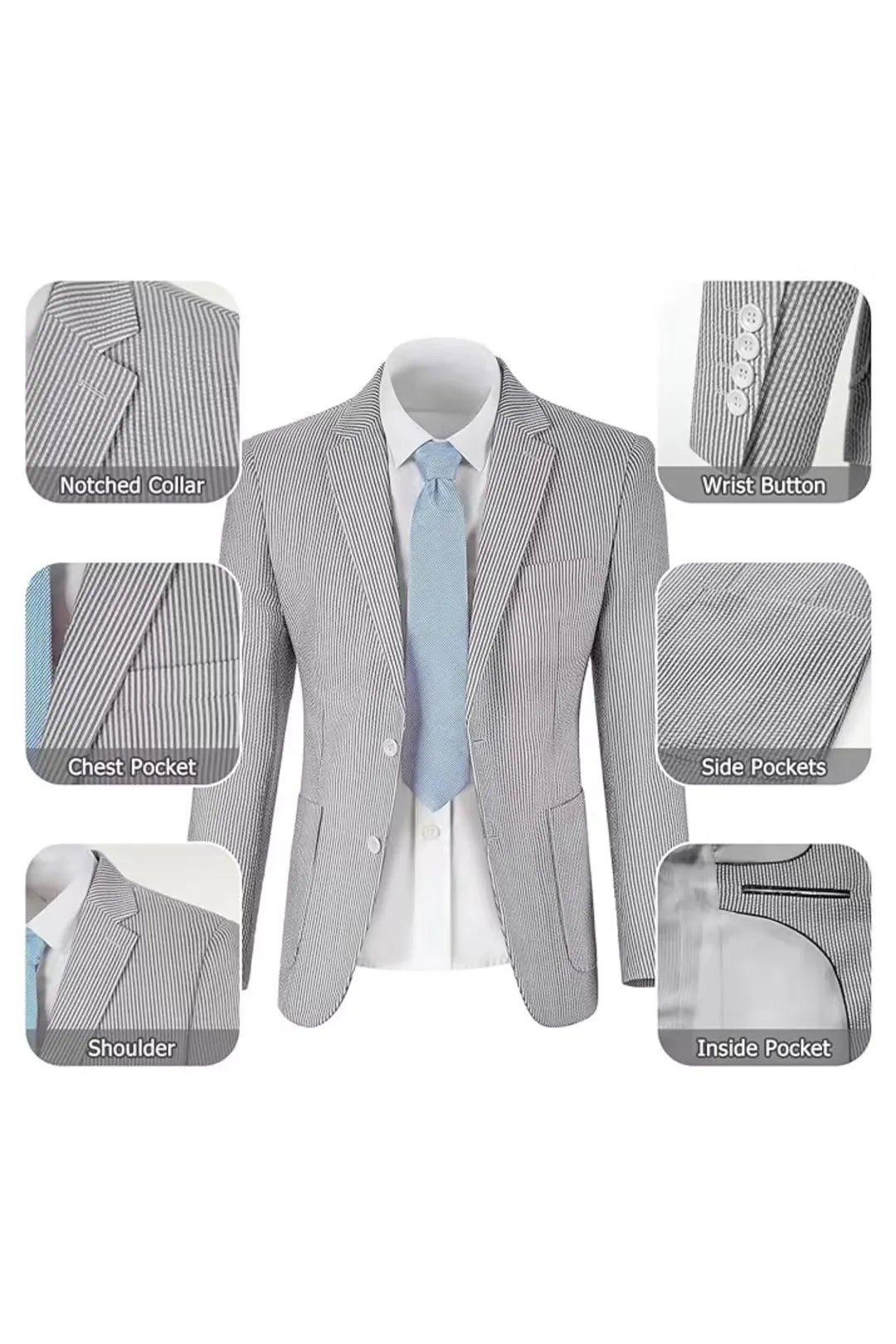 men's striped seersucker 2-piece suit - pocket lapel detail