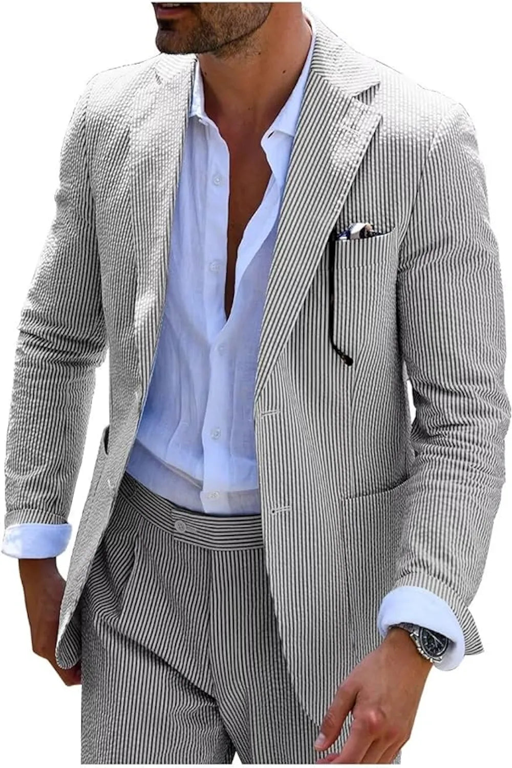 men's striped seersucker 2-piece suit - black white notch lapel detail