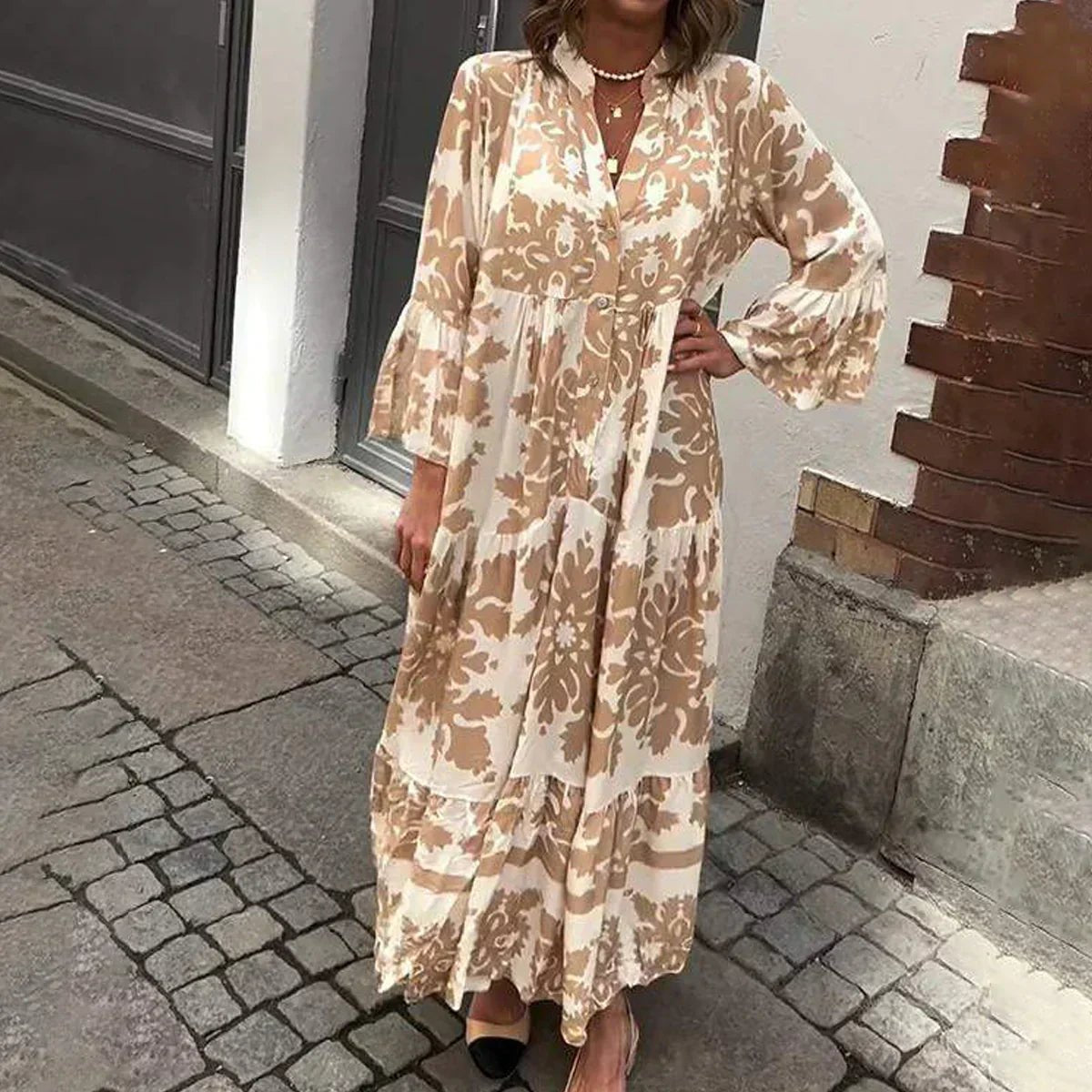 women's flowy boho printed maxi dress - front view