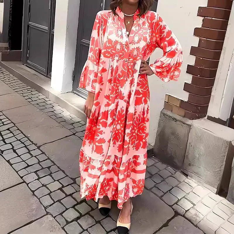 women's flowy boho printed maxi dress - back view