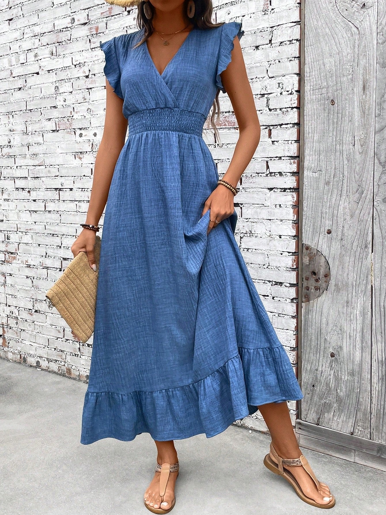 women's boho smocked waist maxi dress - front view