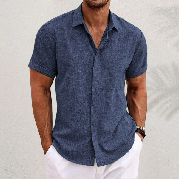mens short sleeve linen button-up shirt | lightweight summer top - worn view