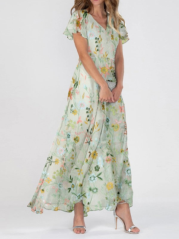 Women's Floral Print V-Neck Flutter Sleeve Button-Down Flowy Maxi Dress Boho Summer