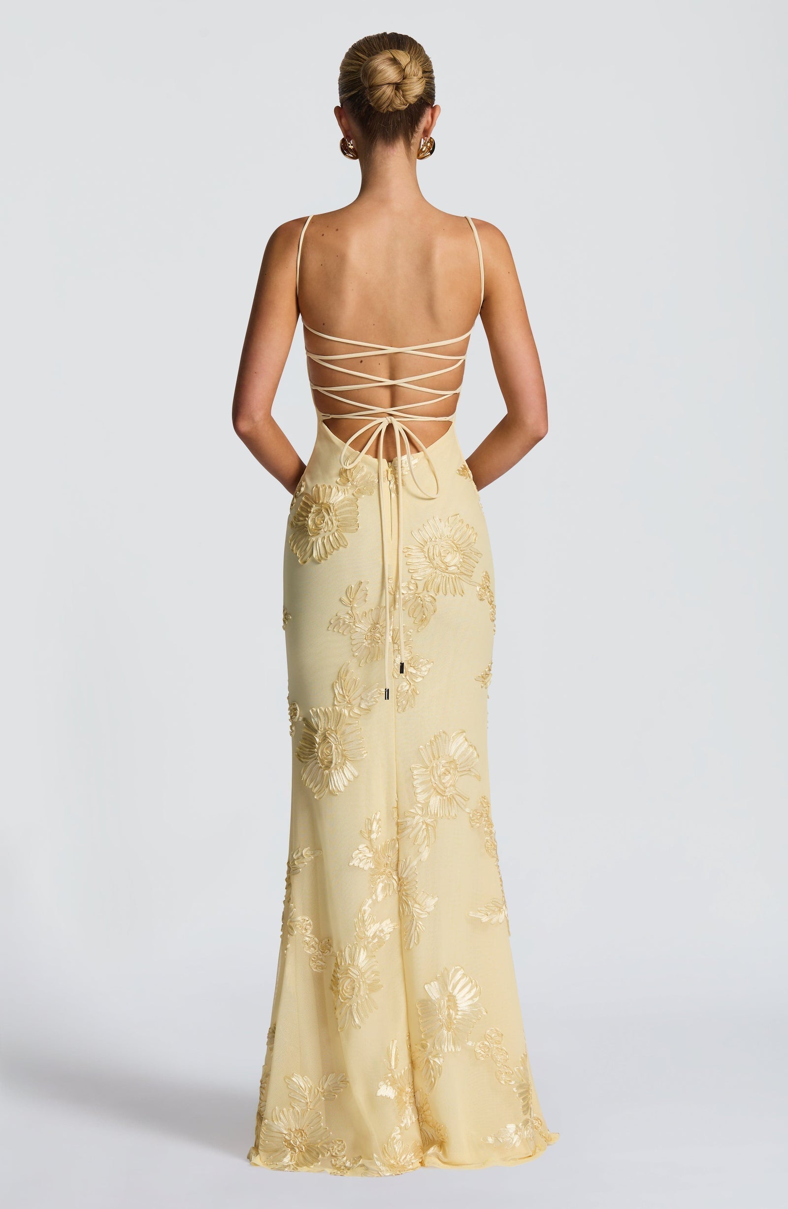 Women's Yellow Floral Corset Spaghetti Strap Maxi Wedding Guest Dress