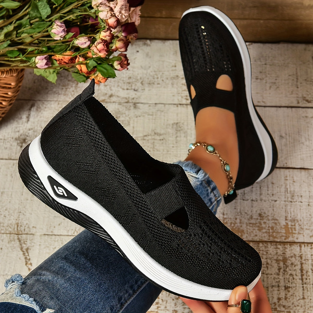 Women's Knit Mesh Slip-On Cutout Cushioned Sole Casual Sneakers