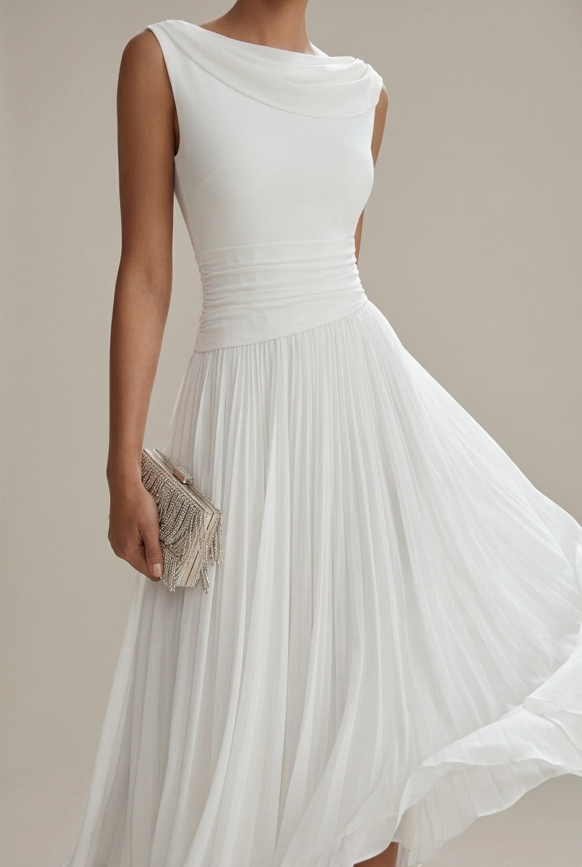 Women's White Sleeveless Pleated Midi Dress | Draped Neckline Casual Elegant Everyday Dress