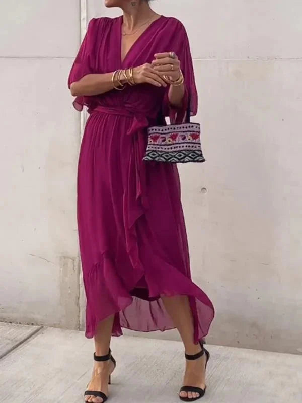 Women's Deep V-Neck Batwing Sleeve Belted Flowy Chiffon Midi Dress