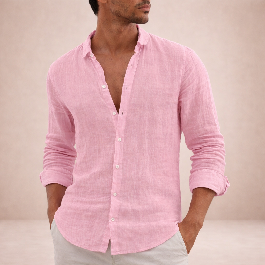 mens regular fit long sleeve linen shirt | open collar breathable top - full view
