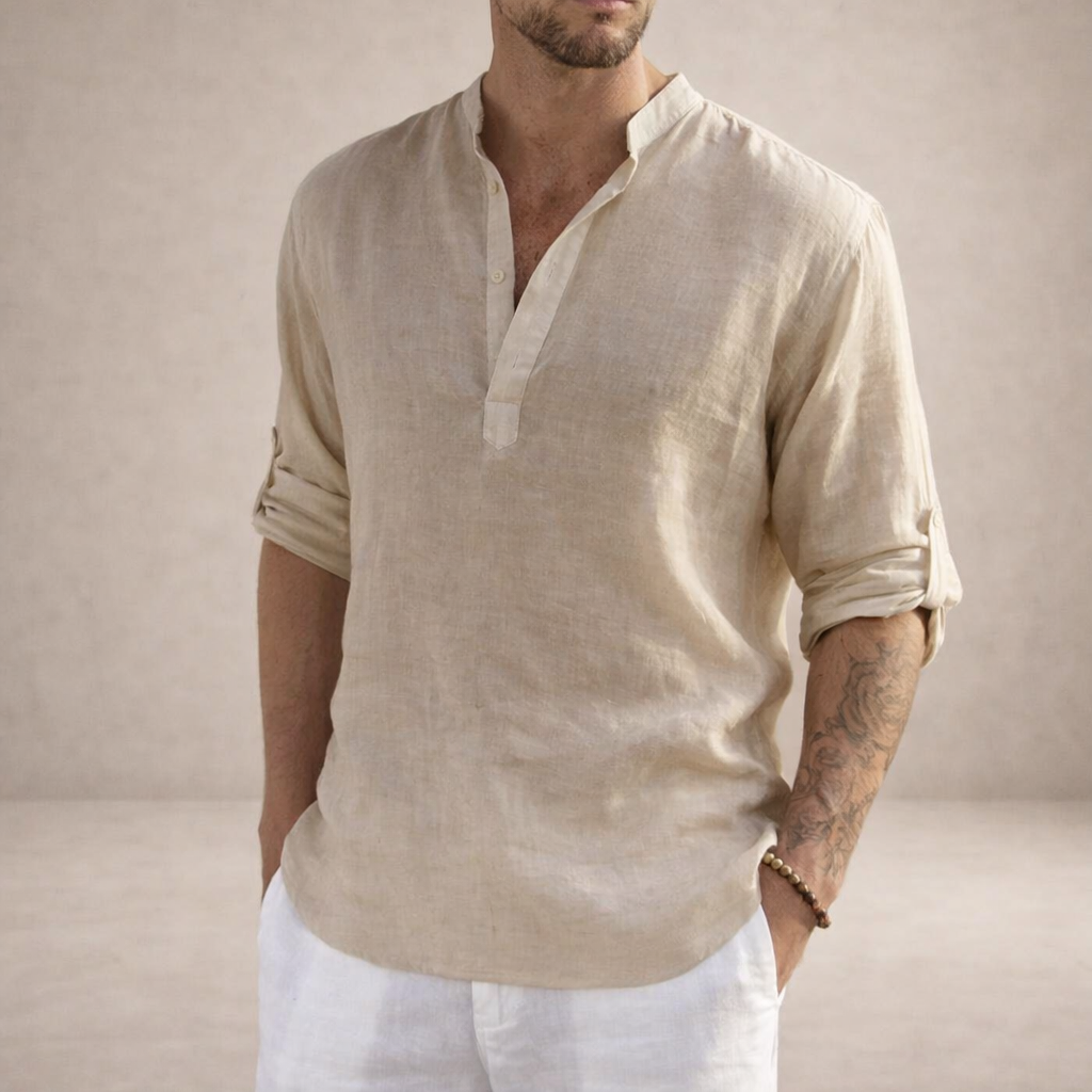 mens regular fit linen shirt | stand collar breathable long sleeve top - detail view