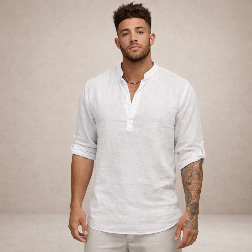 mens regular fit linen shirt | stand collar breathable long sleeve top - side view