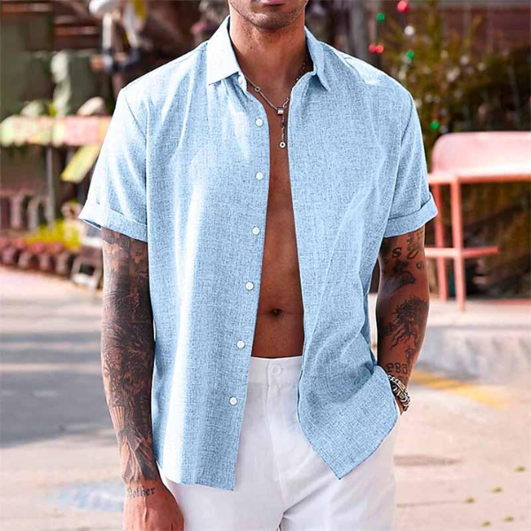 mens short sleeve linen button-up shirt | lightweight summer top - side view