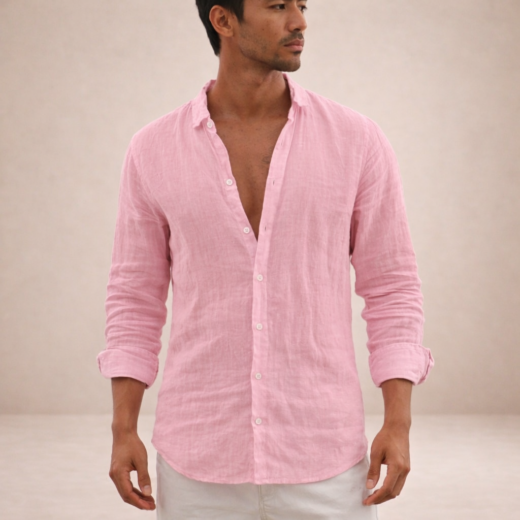 mens regular fit long sleeve linen shirt | open collar breathable top - alternate view