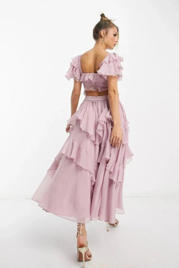 Women's Off Shoulder Ruffle Tiered Asymmetric Midi Two-Piece Set Wedding Guest Boho