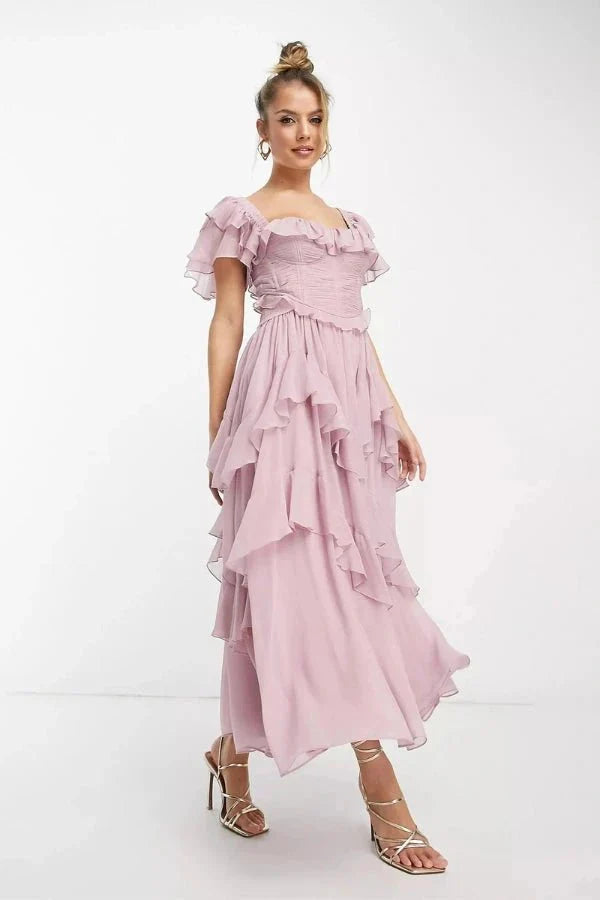 Women's Off Shoulder Ruffle Tiered Asymmetric Midi Two-Piece Set Wedding Guest Boho