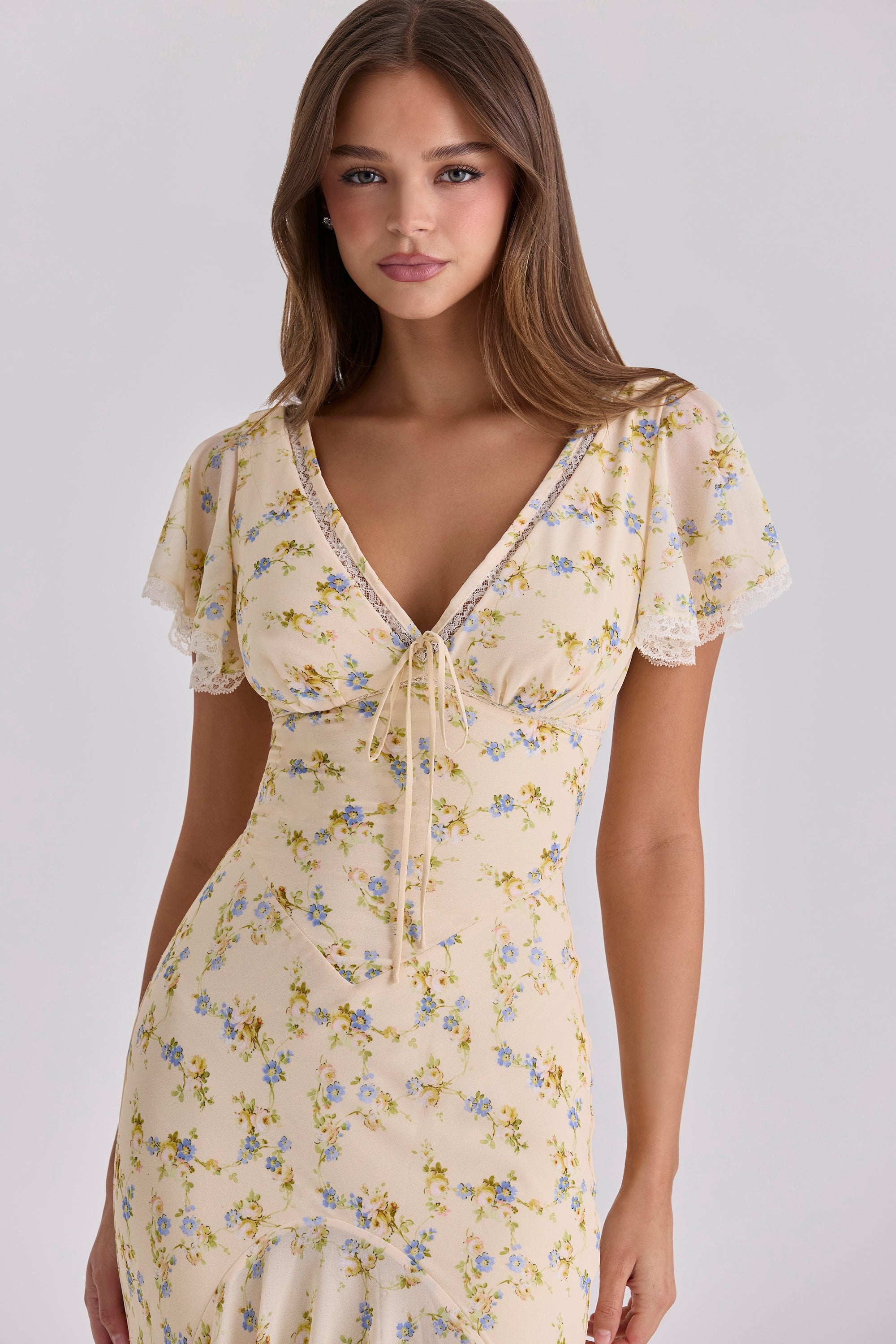 Women's Floral Print V-Neck Flutter Sleeve Flowy Maxi Dress Boho Wedding Guest