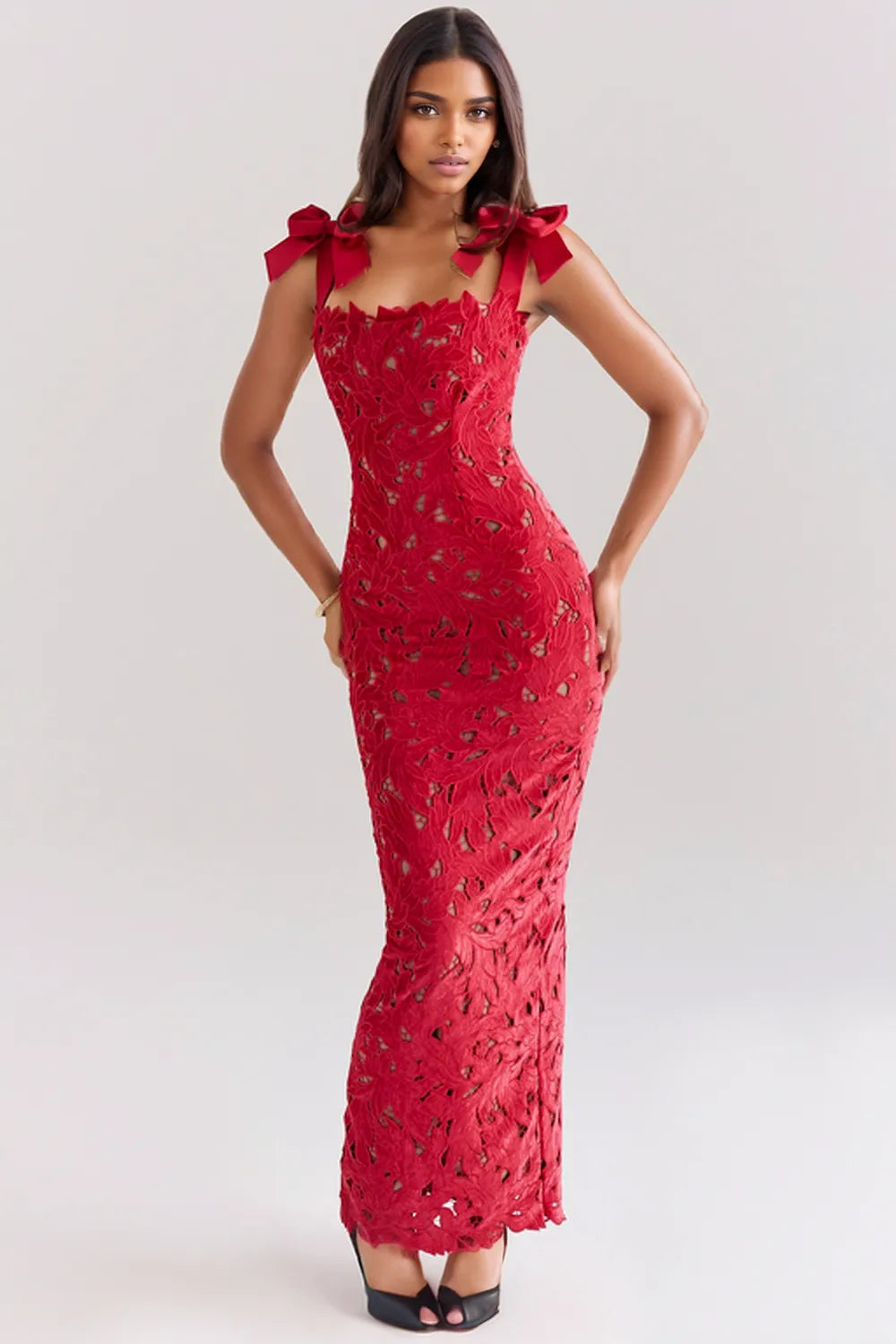 Women's Black Floral Lace Sweetheart Neck Flutter Sleeve Maxi Evening Dress Wedding Guest