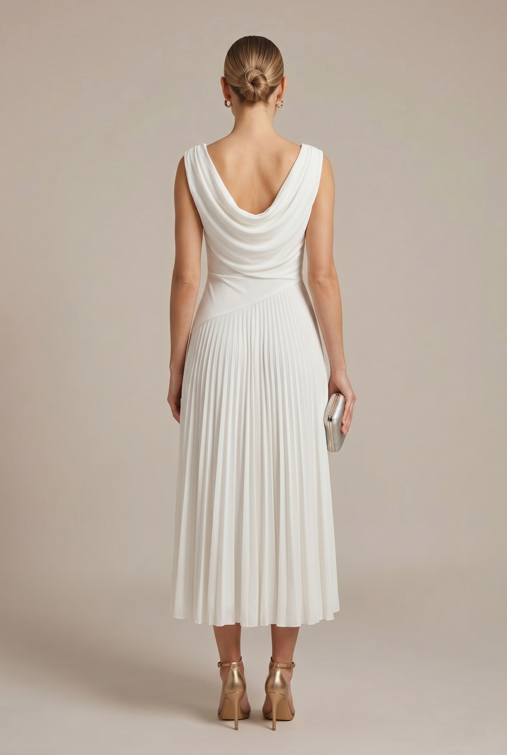 Women's White Sleeveless Pleated Midi Dress | Draped Neckline Casual Elegant Everyday Dress