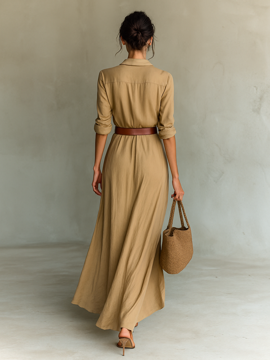 Women's Khaki Lapel Maxi Dress | Single Breasted Long Sleeve Belted Casual Dress