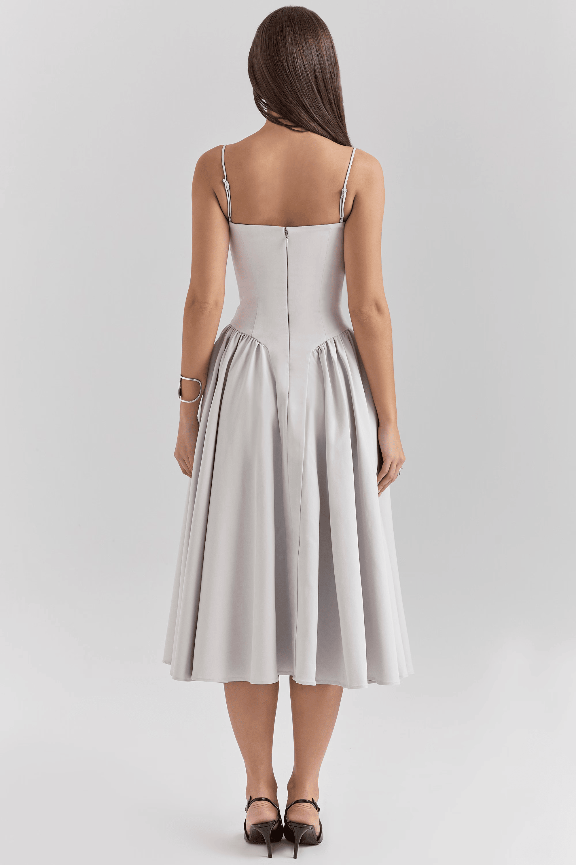 Women's Navy Sweetheart Neck Spaghetti Strap Corset Bodice Flared Midi Dress