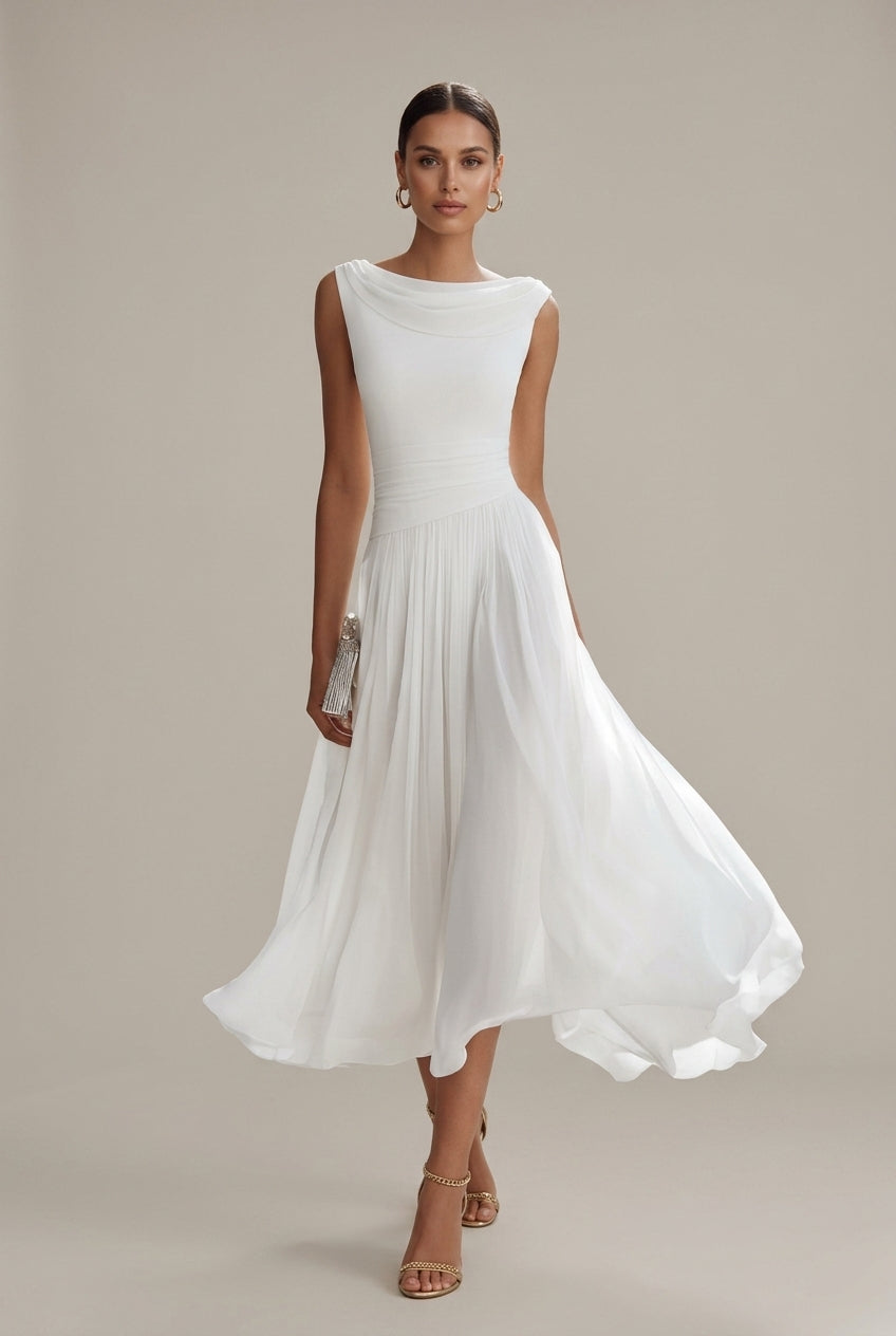Women's White Sleeveless Pleated Midi Dress | Draped Neckline Casual Elegant Everyday Dress