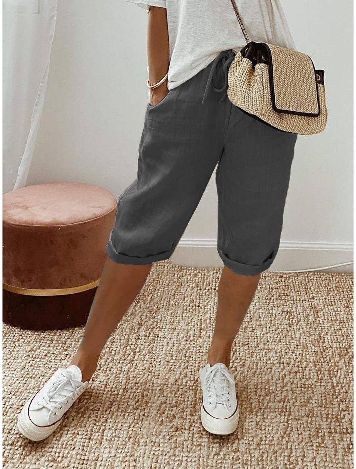womens relaxed fit capri pants | casual cropped trousers - detail view
