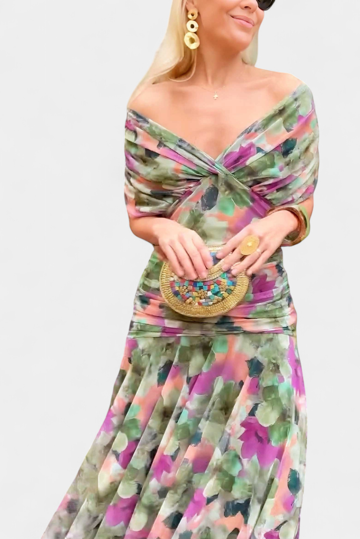 Women's Off Shoulder Draped Twisted Neckline Flowy Maxi Dress Formal Wedding Guest