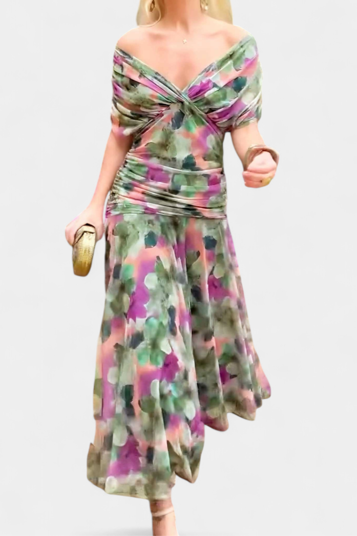 Women's Off Shoulder Draped Twisted Neckline Flowy Maxi Dress Formal Wedding Guest