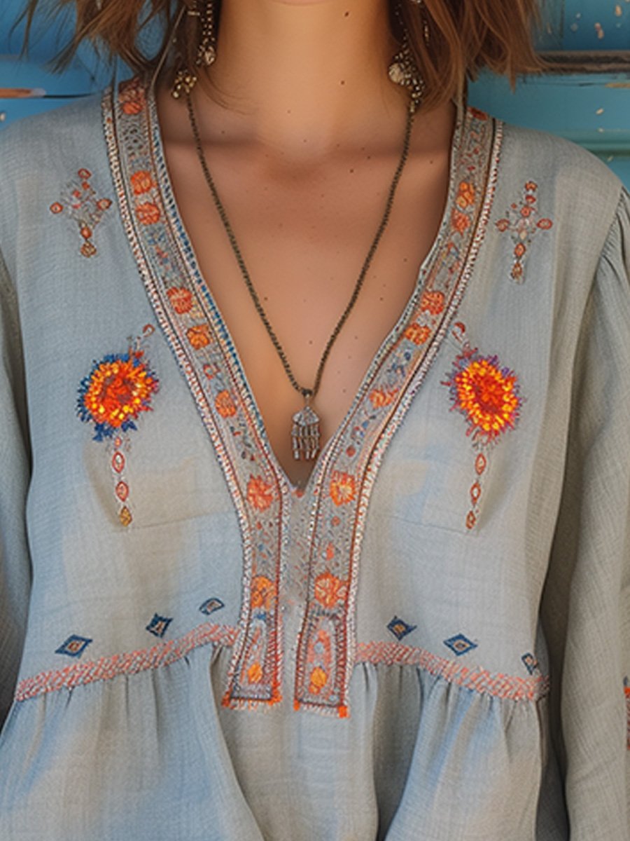 Women's Floral Embroidered V-Neck Long Sleeve Relaxed Boho Blouse