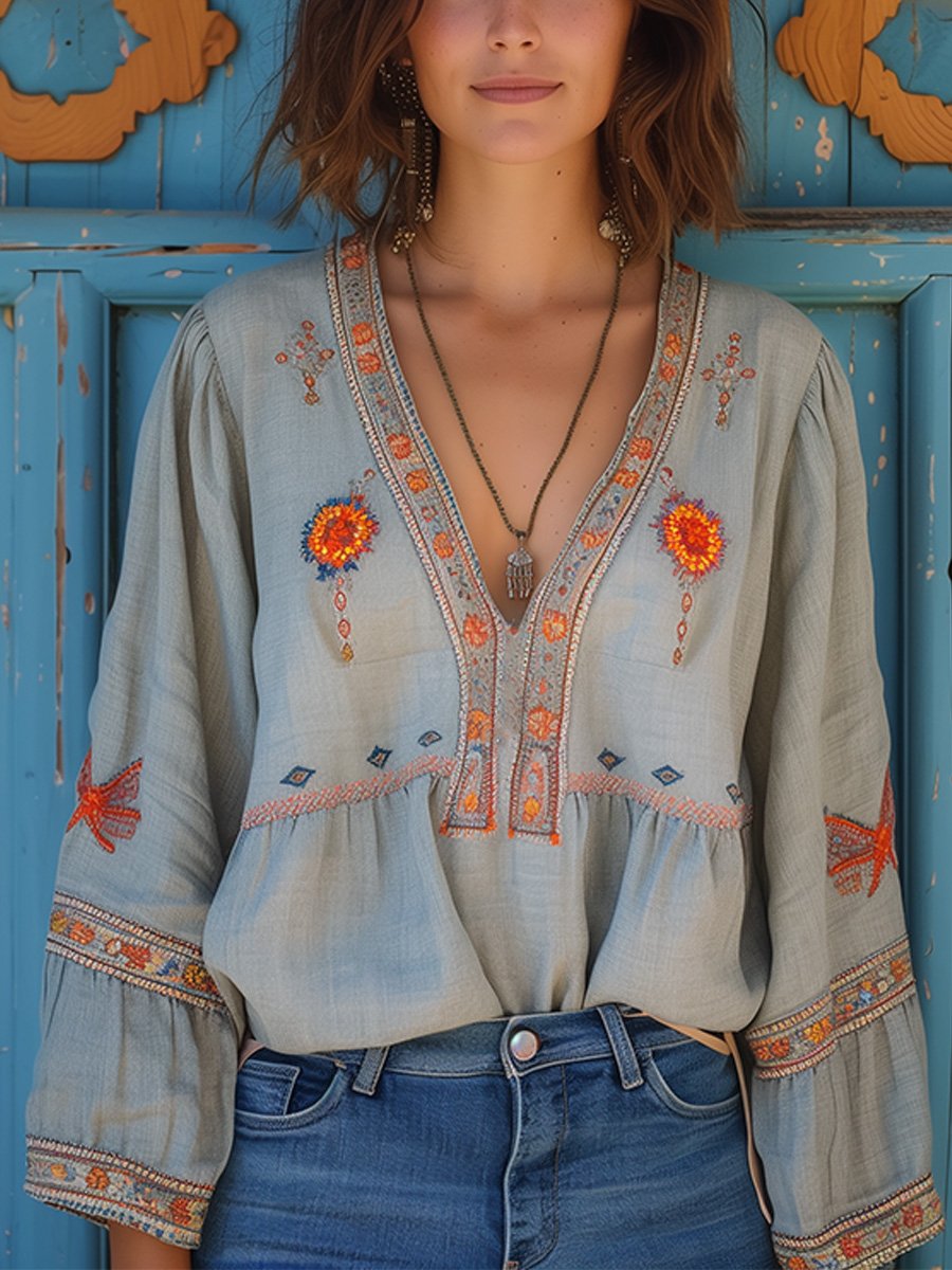 Women's Floral Embroidered V-Neck Long Sleeve Relaxed Boho Blouse
