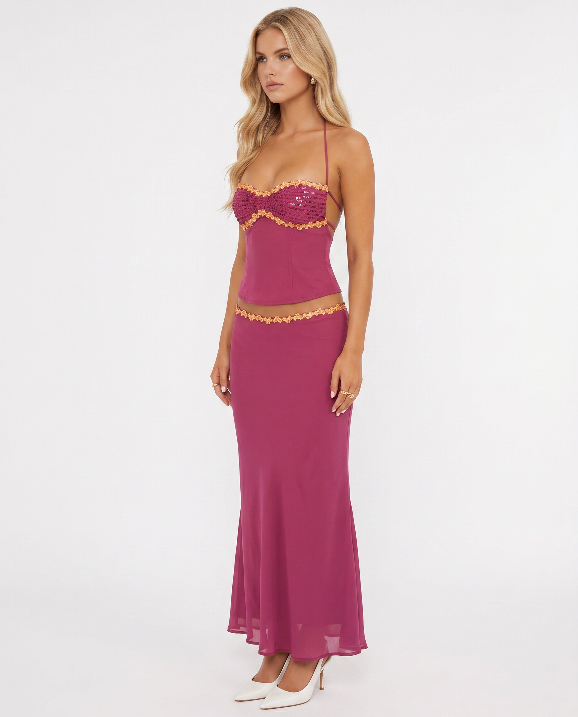 Women's Halter Bralette Maxi Skirt Set | Berry Two-Piece Ruffle Trim