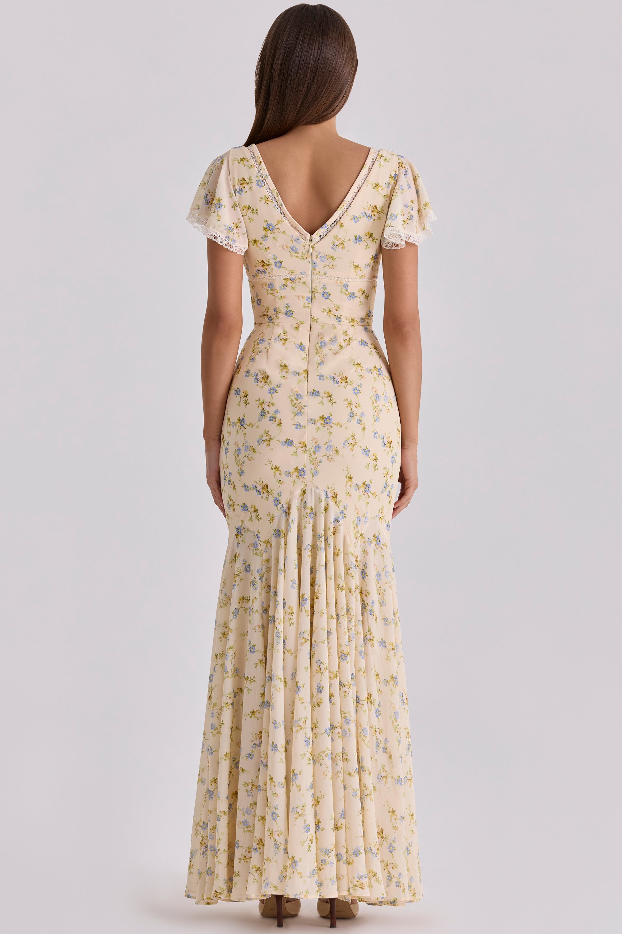 Women's Floral Print V-Neck Flutter Sleeve Flowy Maxi Dress Boho Wedding Guest
