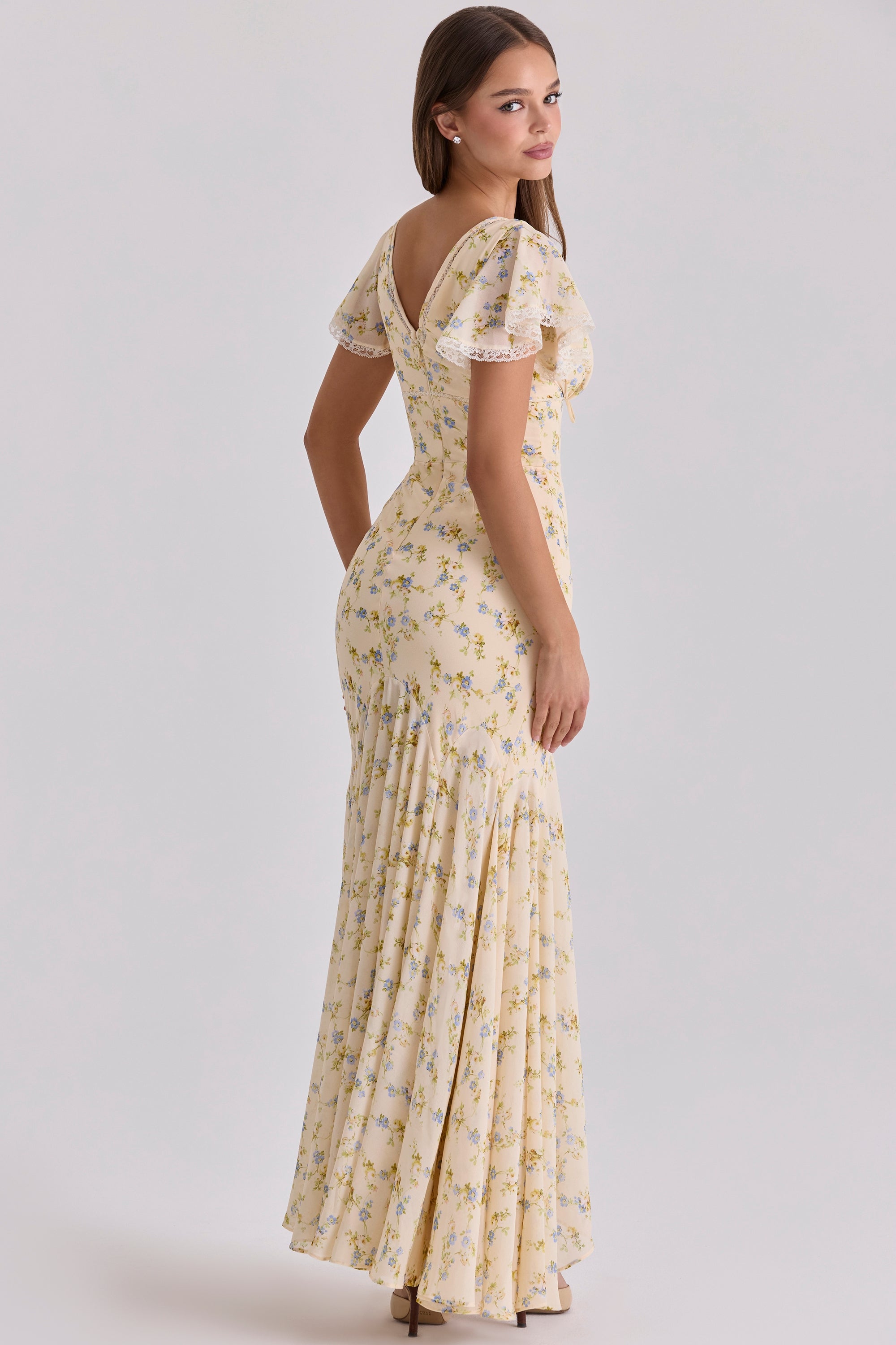 Women's Floral Print V-Neck Flutter Sleeve Flowy Maxi Dress Boho Wedding Guest