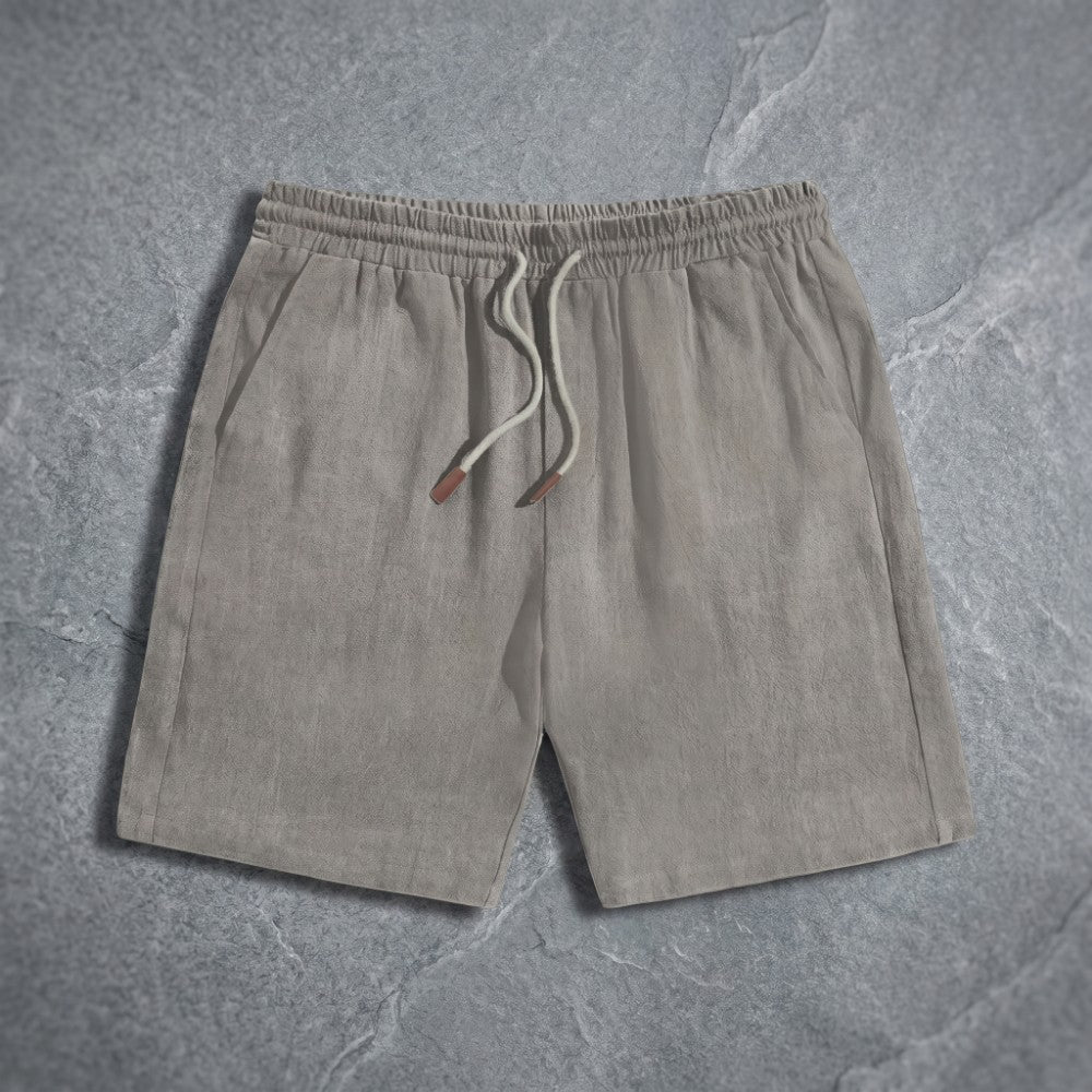 mens linen drawstring shorts | casual summer beach shorts - flat lay view