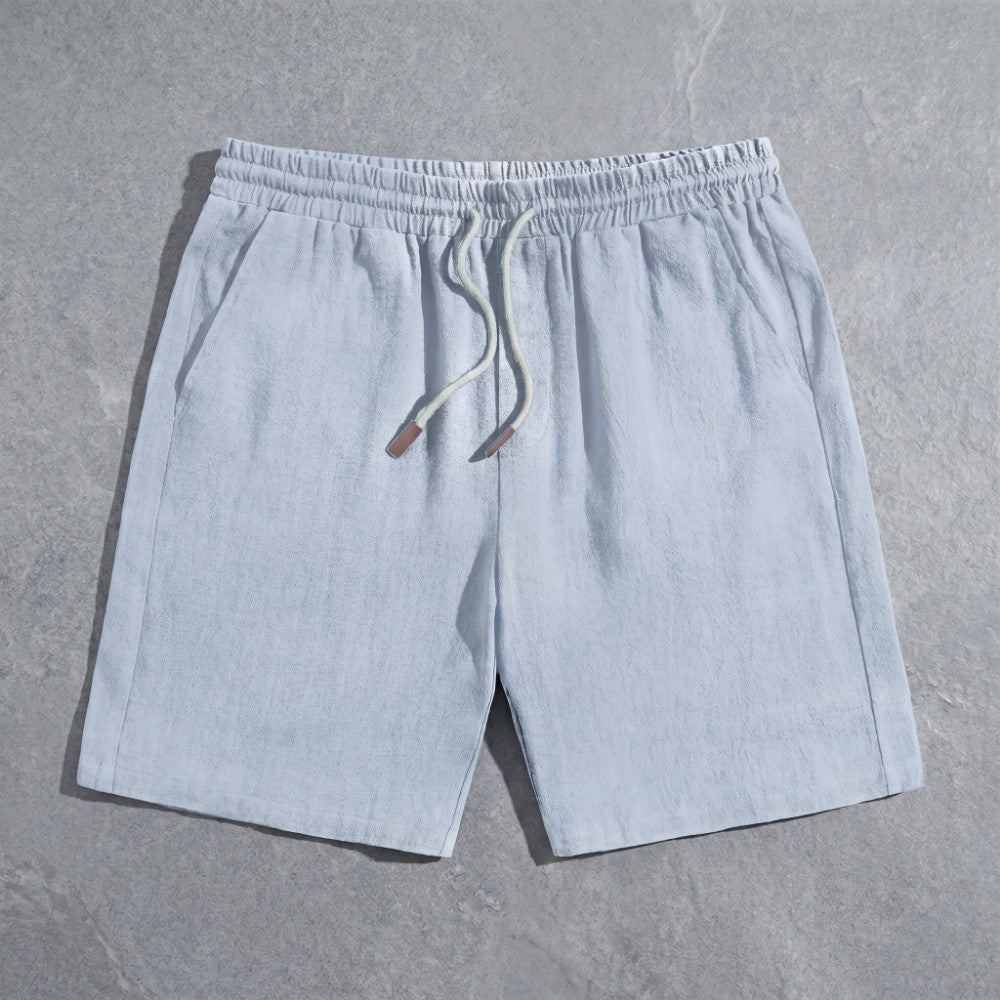 mens linen drawstring shorts | casual summer beach shorts - detail view