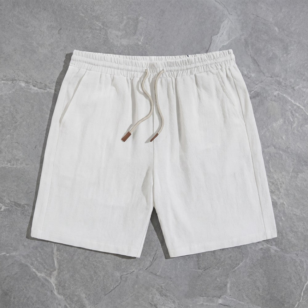 mens linen drawstring shorts | casual summer beach shorts - close-up view