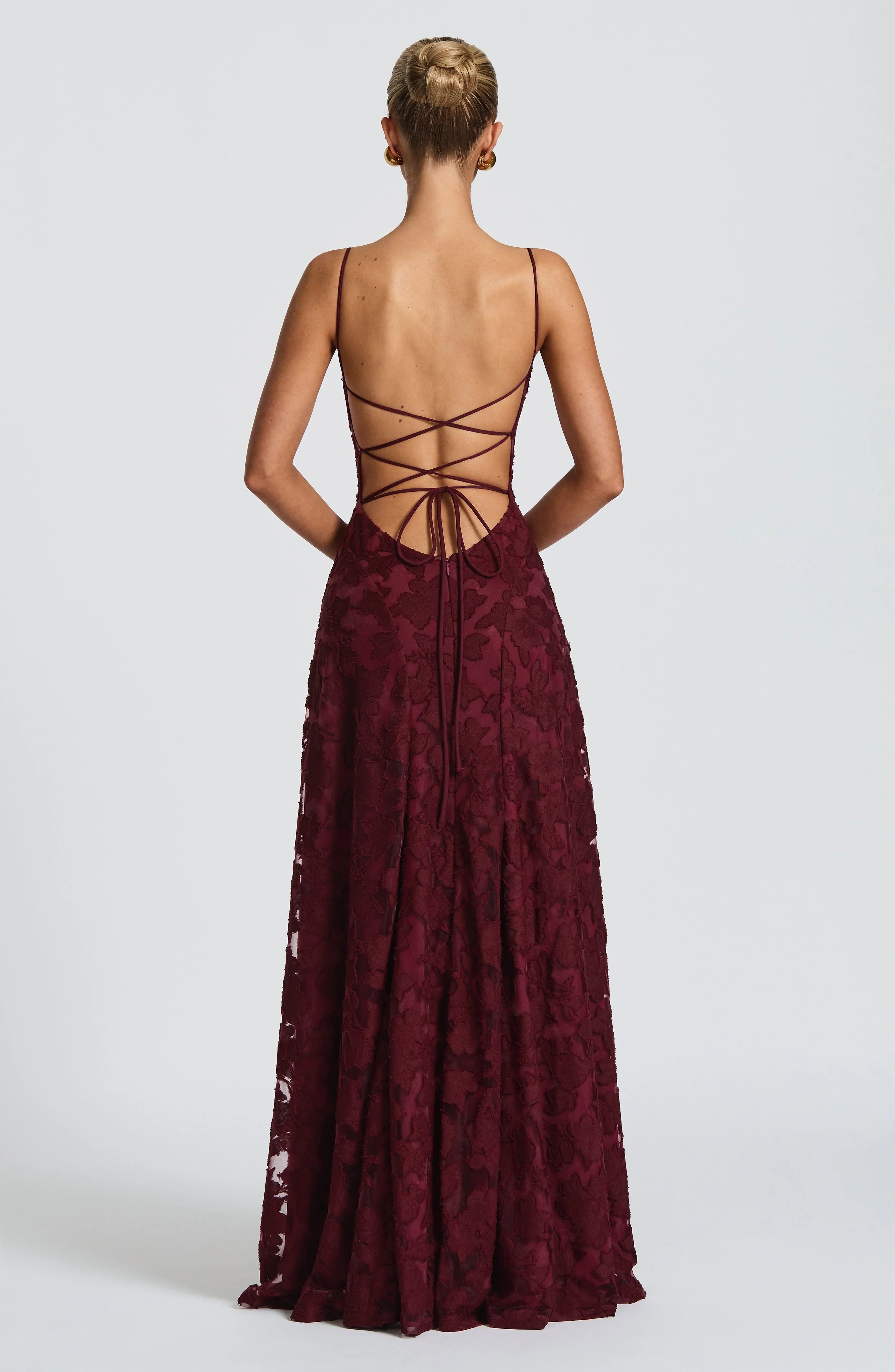 Women's Red Floral Lace Spaghetti Strap A-Line Maxi Evening Dress Wedding Guest