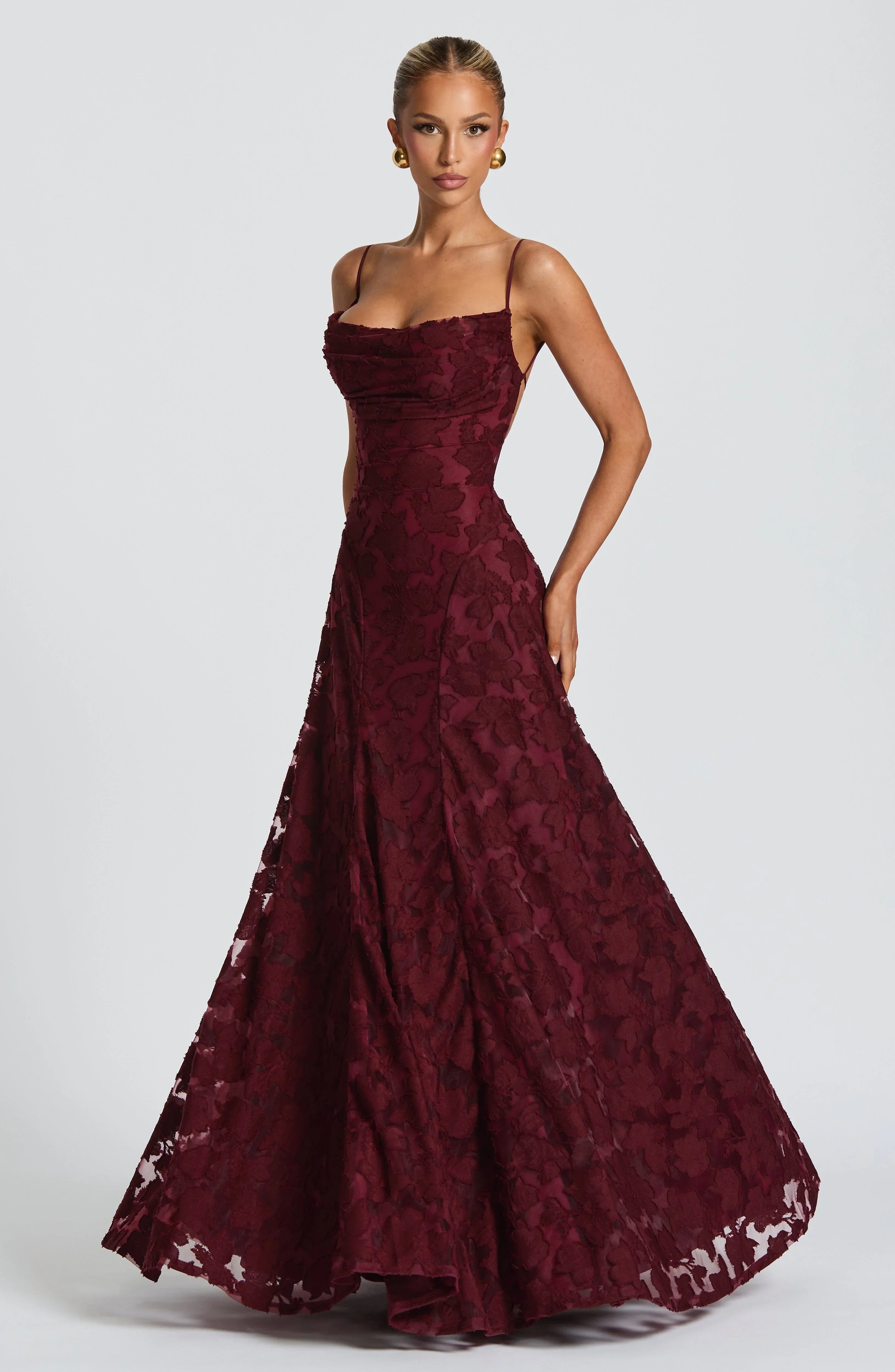 Women's Red Floral Lace Spaghetti Strap A-Line Maxi Evening Dress Wedding Guest