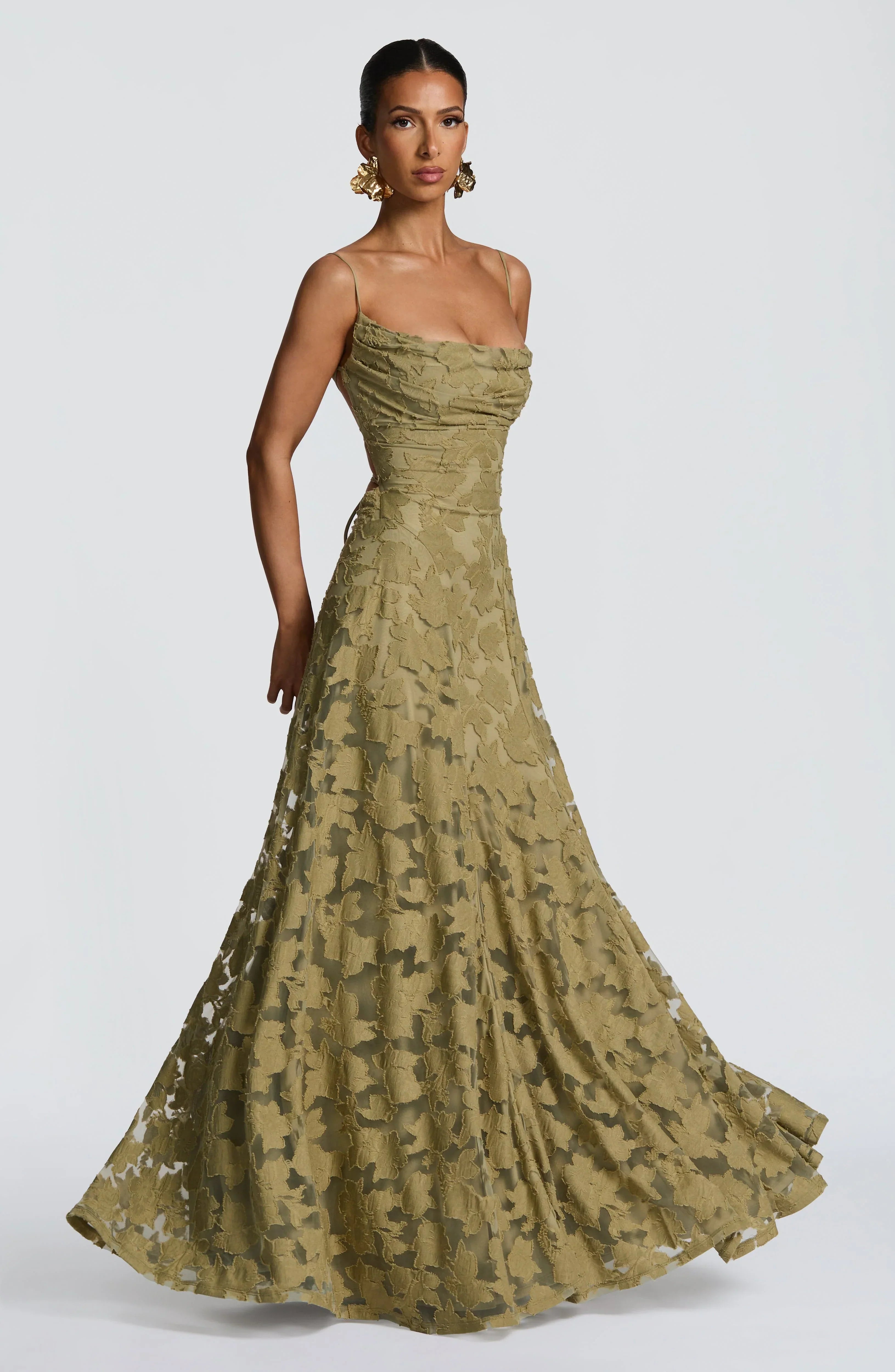 Women's Red Floral Lace Spaghetti Strap A-Line Maxi Evening Dress Wedding Guest