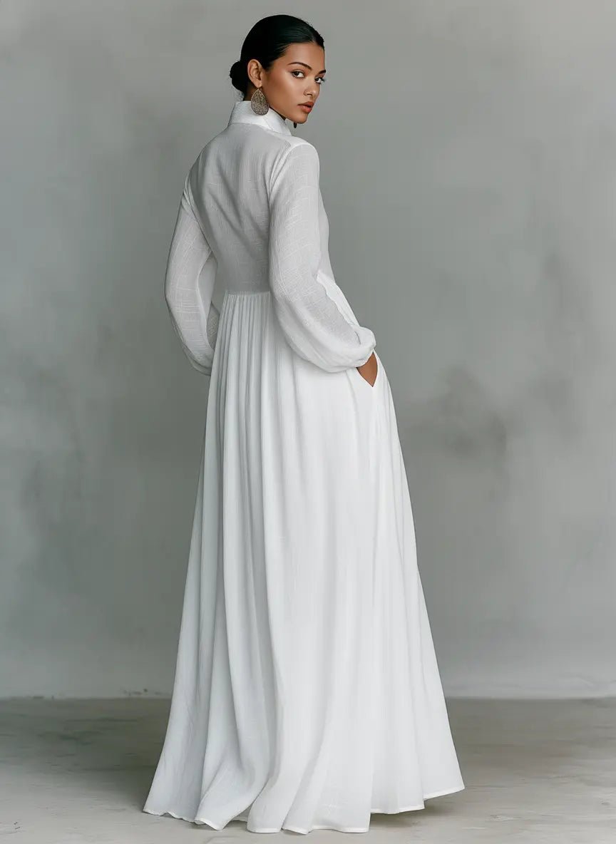 Women's stand-collar button-front cotton linen maxi dress - side view