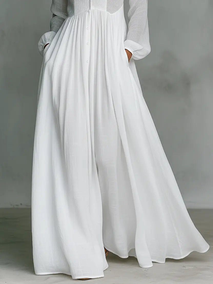 Women's stand-collar button-front cotton linen maxi dress - lifestyle view