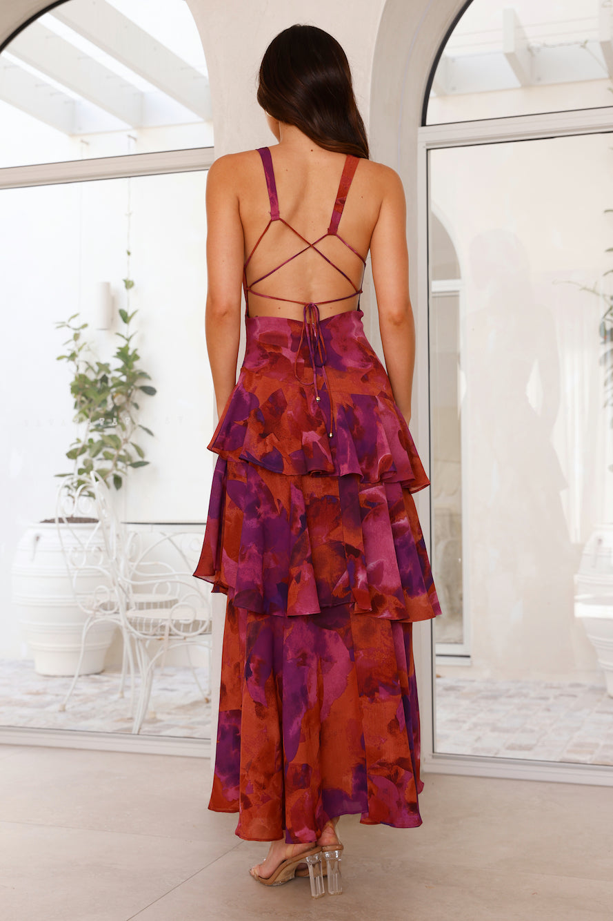 Women's Green Printed V Neck Ruffle Tiered Maxi Wedding Guest Dress