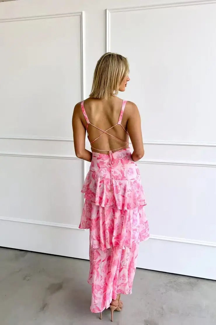 Women's Green Printed V Neck Ruffle Tiered Maxi Wedding Guest Dress