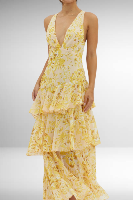 Women's Green Printed V Neck Ruffle Tiered Maxi Wedding Guest Dress