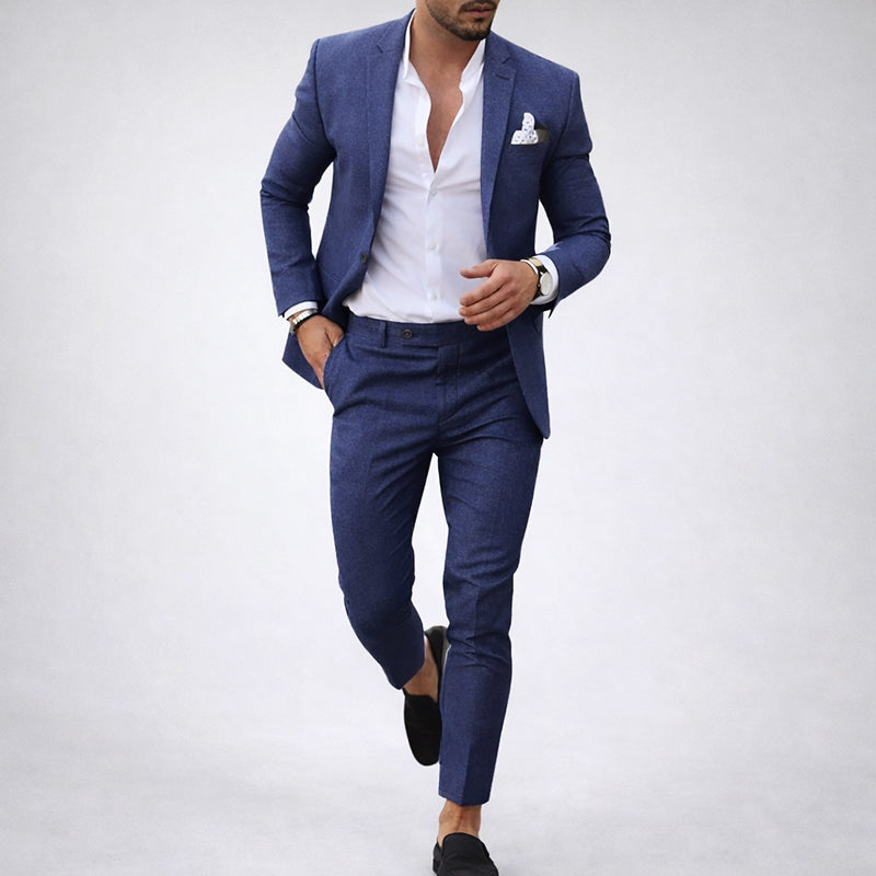 men's 2-piece linen blend notch lapel suit - blue front view